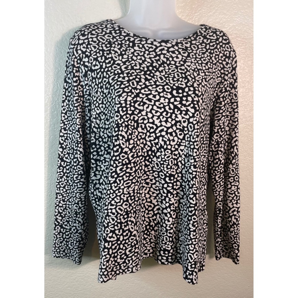 Chicos 2 US Large Top Black White Leopard Print Long Sleeve Cotton Tee Casual